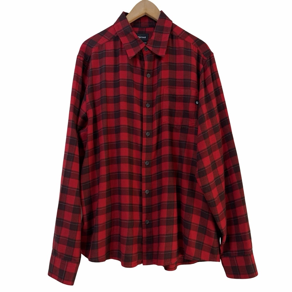 Marmot Buffalo Plaid‎ Flannel Button Up Shirt Mens XL Red Outdoor Hiking Chore